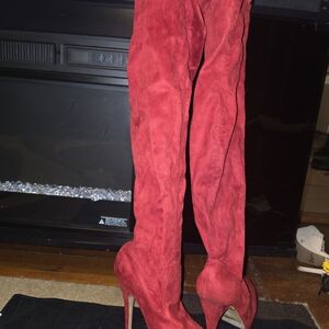 Red Suede Over-the-Knee Boots